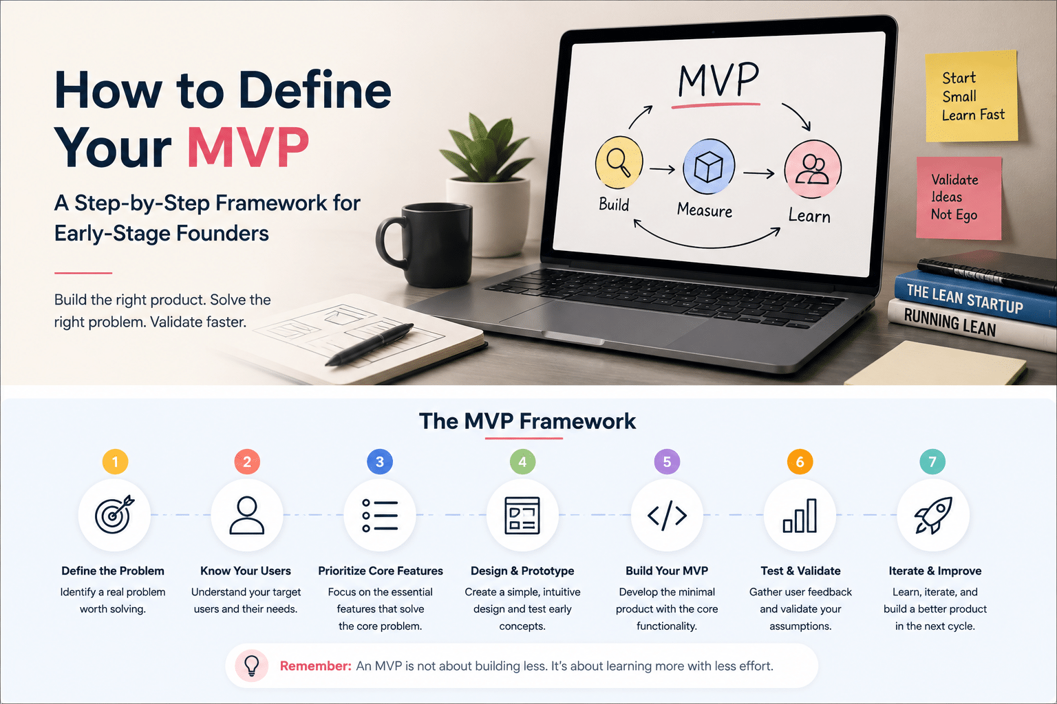 MVP framework showing product strategy, user research, feature prioritization, prototype design, and development stages.