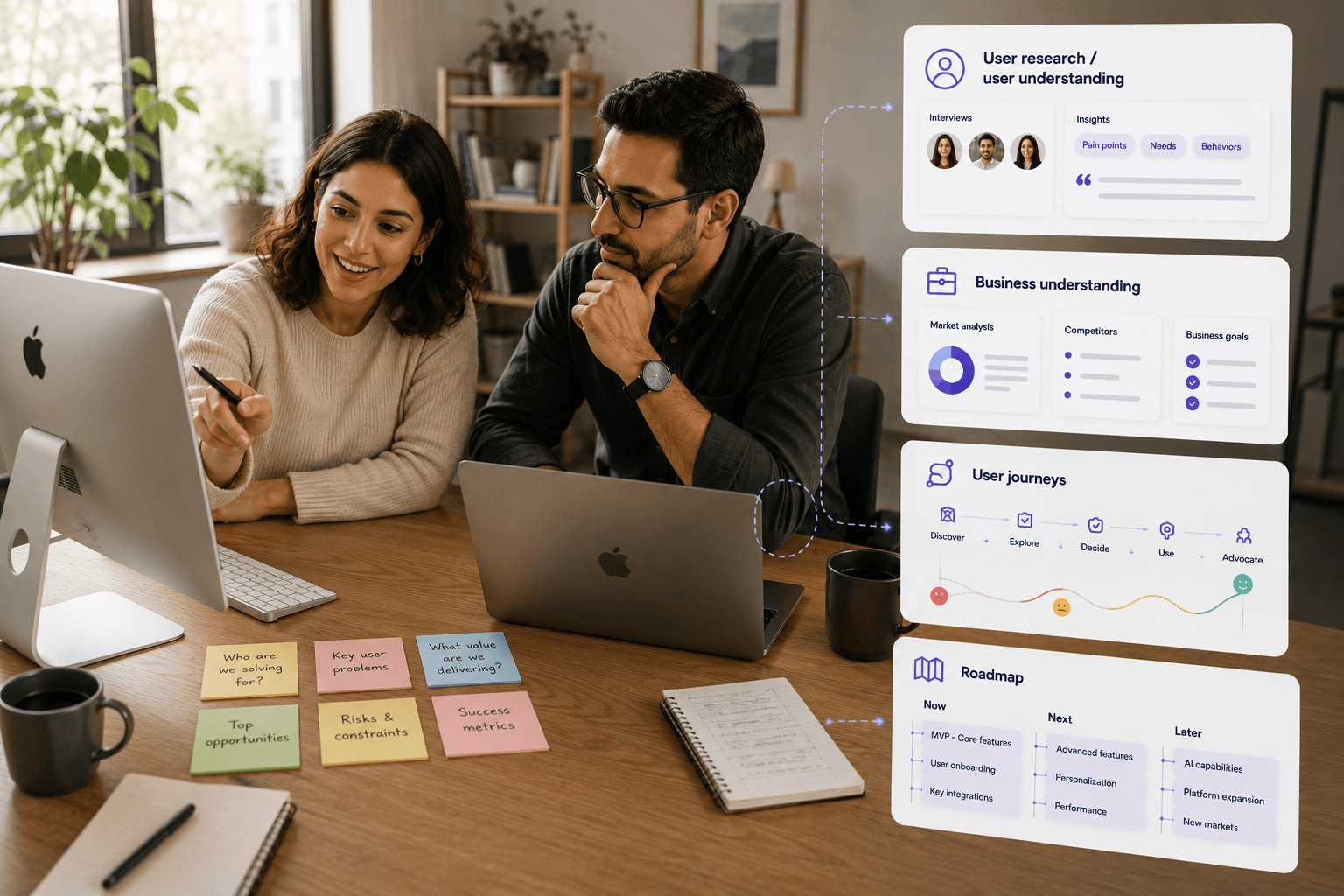 A suggestive image showing two team members working on the product strategy for a client
